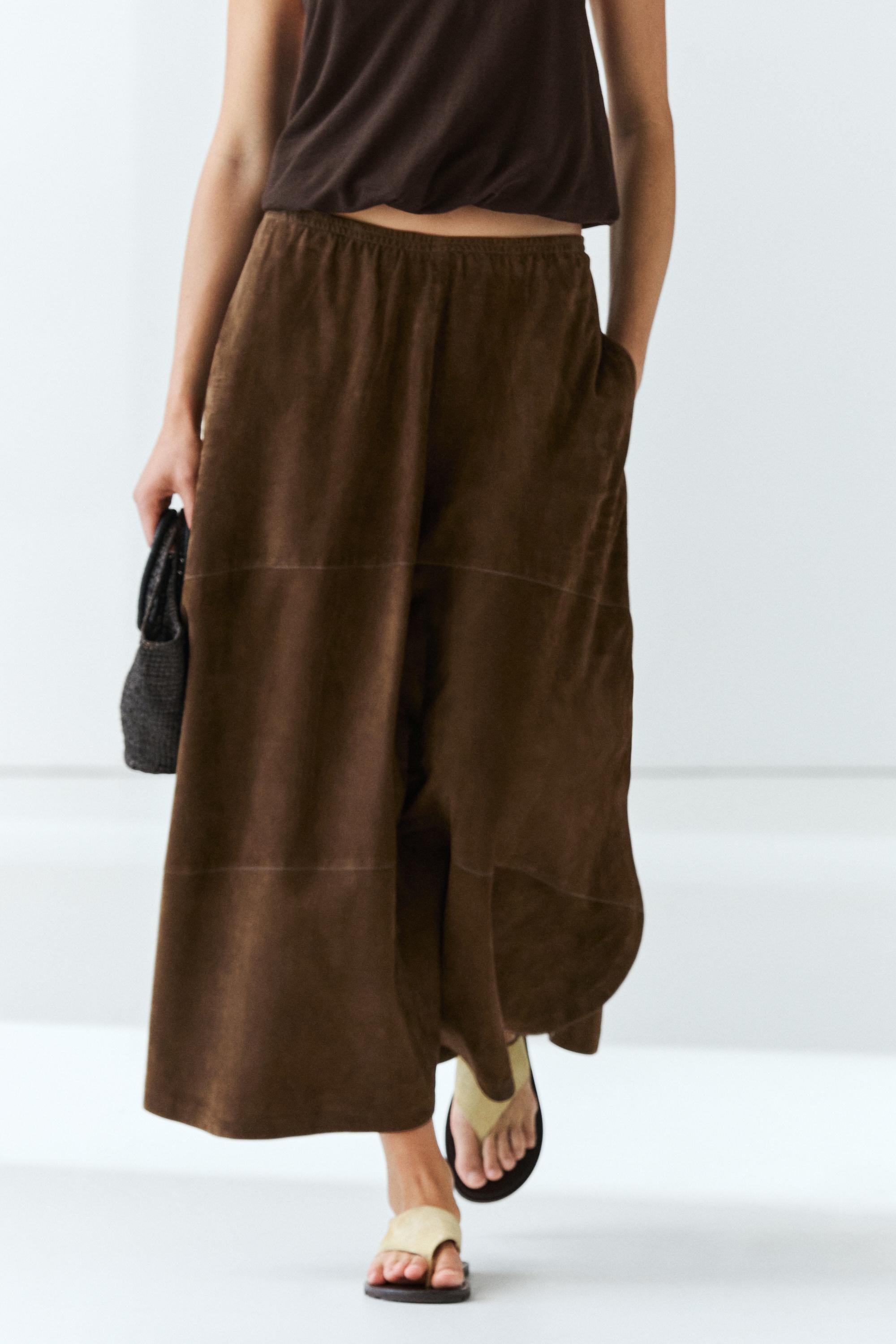 Suede leather midi skirt